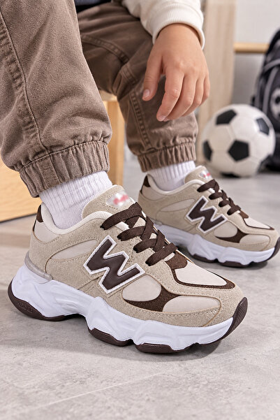 Kid's World Bağcıklı Kalın Taban Erkek Çocuk Spor Ayakkabı 90-60 Bej-Kahve