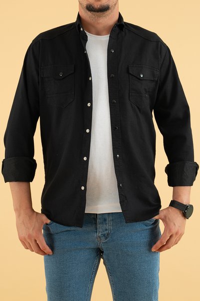 YXC Men's Black Slim Fit Denim Shirt with Cotton Snap Buttons and Double Pockets