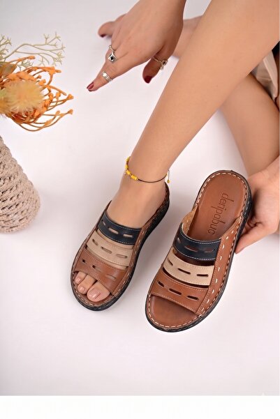 Deripabuc شبشب جلد طبيعي للنساء بلون أسمر Dp16-0302