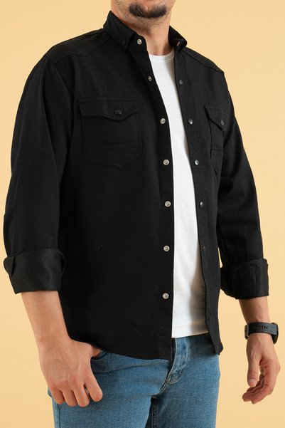 YXC Men's Black Slim Fit Denim Shirt with Cotton Snap Buttons and Double Pockets