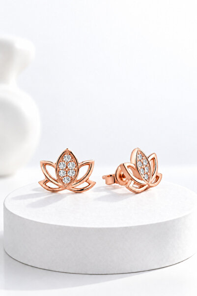 jelux silver Gümüş 925 Ayar Zirkon Taşlı Lotus Çiçeği Çivili Küpe