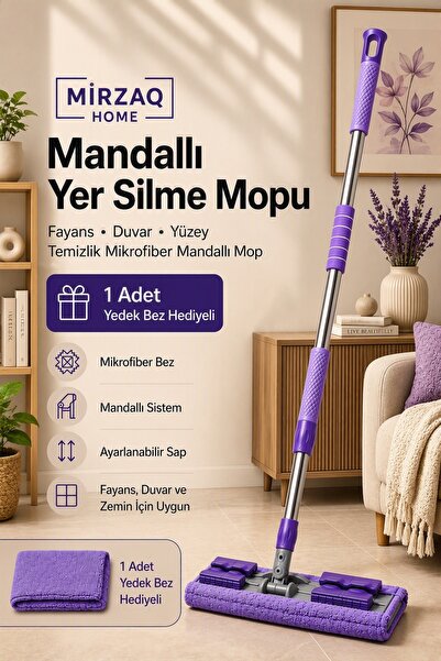 MirzaQ Mandallı Mop + 3 Yedek Mikrofiber Yüzey Temizlik Seti Paspas Yer Duvar...