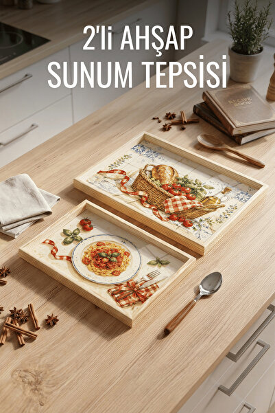Nandy Home 2'li Mutfak Desenli - Ahşap Çerçeveli Dekoratif Sunum ve Servis Te...