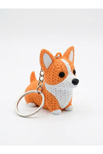 Yakamoz Atölye Köpek Anahtarlık Corgi 6 cm Örgü Desenli 3D Baskı Turuncu Beya...