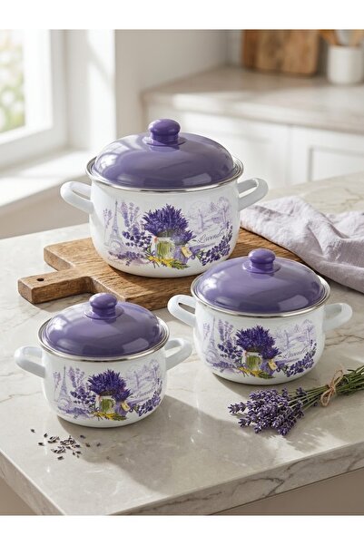 Arian Set 6 Piese Cratite Emailate cu Capac, Model Lavanda, Diametre 20/21.8/...