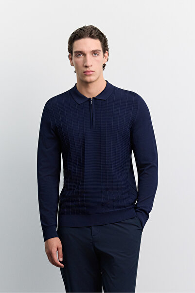 Avva Erkek Lacivert Polo Yaka Fermuarlı Rayon Karışımlı Regular Fit Kazak A62...