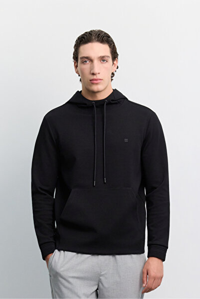 Avva Men's Black Hooded Collar Interlock Sweatshirt with Kangaroo Pocket B001034