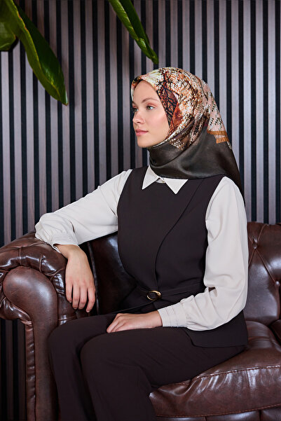 Aker Kahverengi 90X90 İpek Krep Saten Eşarp
