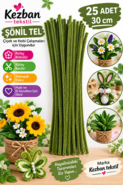 Kezban Tekstil HAKİ YEŞİL Şönil 1.Cİ Kalite Dekoratif Tüylü Tel 30 CM- 25 ADET
