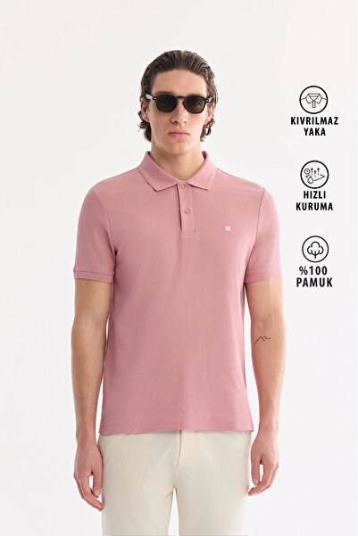 Avva Men's Dusty Rose Non-Curling Polo Collar 100% Cotton Basic Regular Fit T...