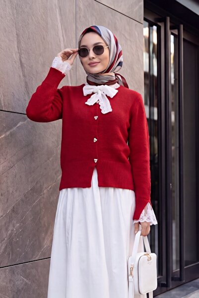 Modamorfo كارديجان تريكو ناعم بأزرار وتفاصيل من التول مع ياقة وشاح وأكمام مزي...