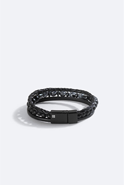 Avva Men's Black Leather and Hematite Stone Bracelet A51Y9601