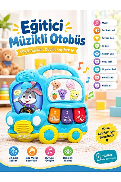 Otobüs Bebek Piyanosu Işıklı Müzikli Eğitici Oyuncak 3 Fonksiyonlu Hayvan Sesli Ninnili (Mavi)