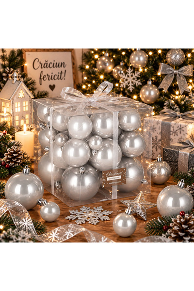 SERSIMO Set globuri de Crăciun, 37 piese, 3-8 cm, argintii