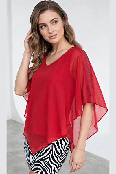 Maya Butik Kırmızı Omuzları Işıltılı Şifon Bluz - 21911
