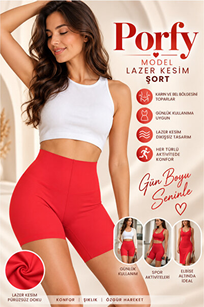 MİSTİRİK Porfy Model Kadın Yüksek Bel Lazer Kesim Toparlayıcı Şort Korse Kırm...