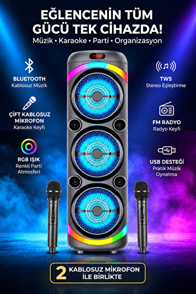 Maybax Büyük Boy Taşınabilir Bluetooth Party Hoparlör Çift Kablosuz Mikrofonl...