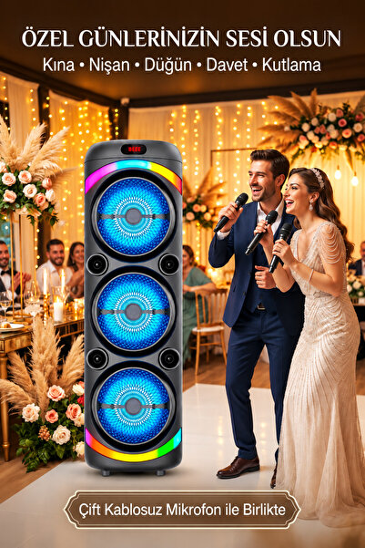 Maybax Büyük Boy Taşınabilir Bluetooth Party Hoparlör Çift Kablosuz Mikrofonlu Güçlü Ses RGB Işıklı Karaoke Sistemi
