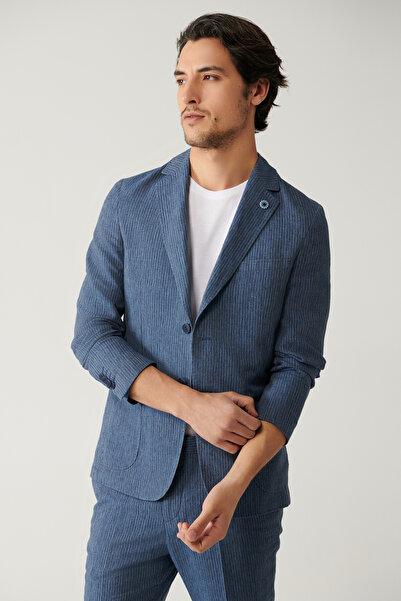 Avva Men's Blue Unlined Linen Blend Comfort Slim Fit Suit Jacket A41Y4060