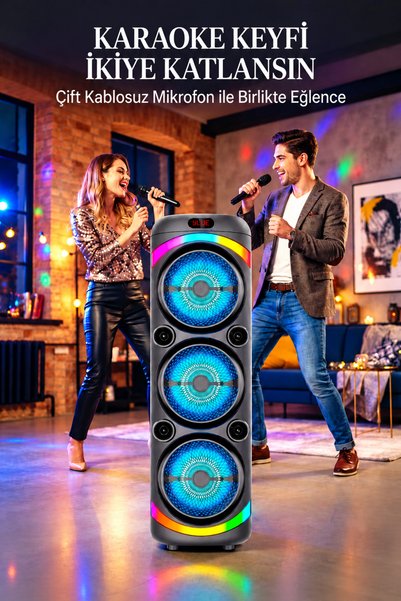 Maybax Büyük Boy Taşınabilir Bluetooth Party Hoparlör Çift Kablosuz Mikrofonlu Güçlü Ses RGB Işıklı Karaoke Sistemi