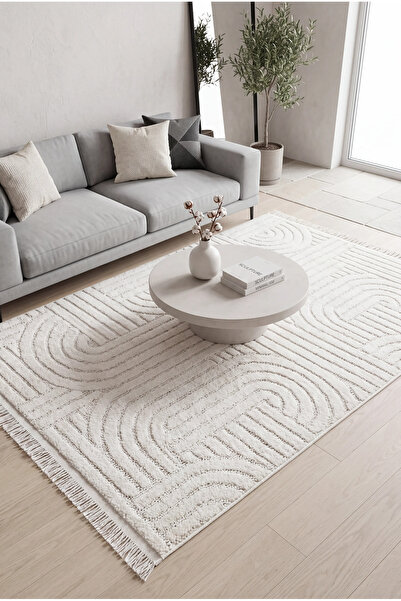 Geus Halı Modern Bohem Krem Dokuma Halı Cat-Loop Salon Halısı Oturma Odası Yo...