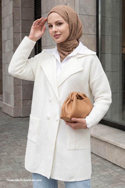 InStyle Seersucker Pattern Buttoned White Knitwear Jacket