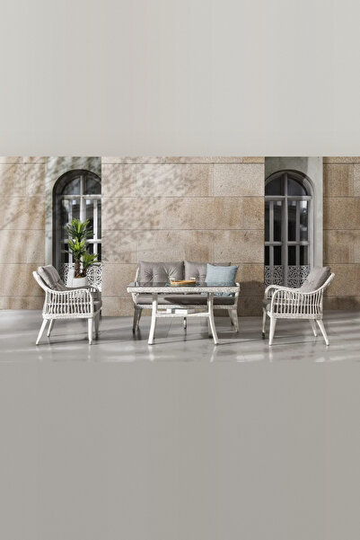 huteras Fiji Mini Bahçe Balkon Oturma Grubu Rattan 2+1+1 Gri Cam Sehpalı Dış ...