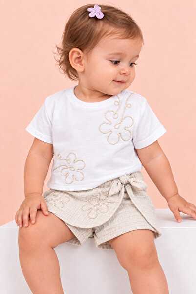 Rocha Baby Girls Corduroy Floral Embroidered White T-Shirt and Bowknot Shorts...