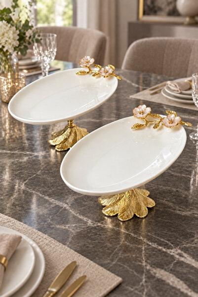 MAY HOME Laleza Kand Ayaklı 2'Li Oval Meze Sunum Tabağı & Porselen Kayık Tabak