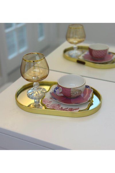 PEKİBU Oval Model Mirror Presentation Tray Decor Gold 25 cm