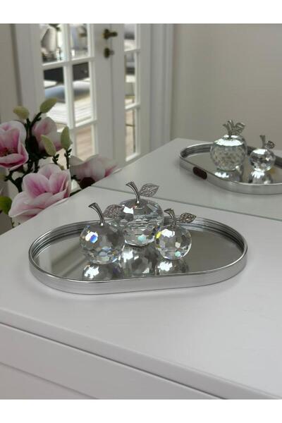 PEKİBU OVAL MODEL AYNALI SUNUM TEPSİ DEKOR GÜMÜŞ 25 CM