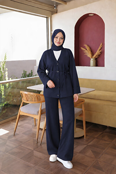 İmajButik Navy Blue Cardigan and Trousers Cold Yarn Knitwear Set