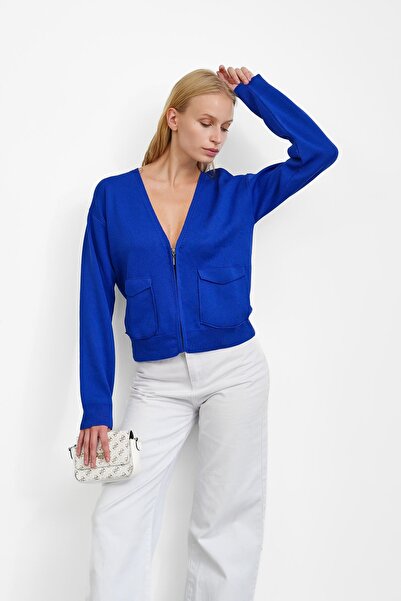 İmajButik Cobalt Blue Double Pocket Zippered Knitwear Cardigan
