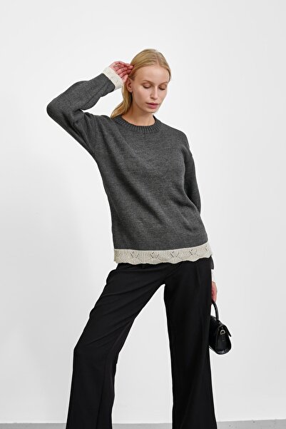 İmajButik Anthracite Crew Neck Knit Sweater with Guipure Detail on Sleeves an...