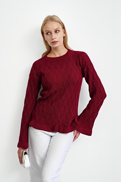 İmajButik Burgundy Waist and Sleeve Cuff Ruffled Knit Sweater