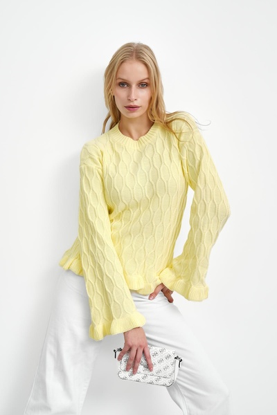 İmajButik Yellow Waist and Sleeve Frill Trim Knit Sweater