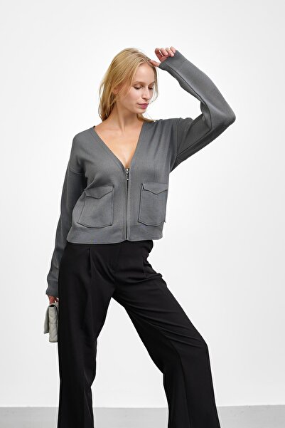 İmajButik Smoked Double Pocket Zippered Knitwear Cardigan