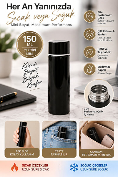 Tasarım Evi 150 Ml Cep Tipi Mini Ufak Kaliteli 304 Çelik Çift Katmalı Termos