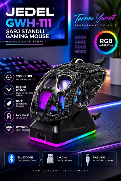 Blackbird Game Center Jedel GWH-111 RGB Şarj Standlı 12000 DPI Triple BT/2.4Ghz/Kablolu Hafif Gaming Mouse