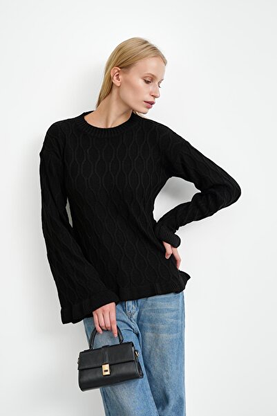 İmajButik Black Waist and Sleeve Cuff Ruffled Knit Sweater