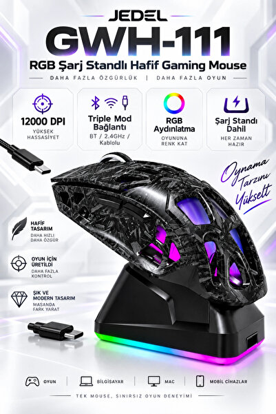Blackbird Game Center Jedel GWH-111 RGB Şarj Standlı 12000 DPI Triple BT/2.4G...