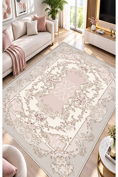 STY Home Pembe Dijital Baskı Halı Kaymaz Tabanlı Yıkanabilir Halı Yolluk Salo...