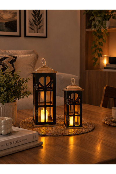 Liya Bella 2’li Ahşap Dekoratif Fener Seti – Rustik Mumluk Ev Balkon Bahçe De...
