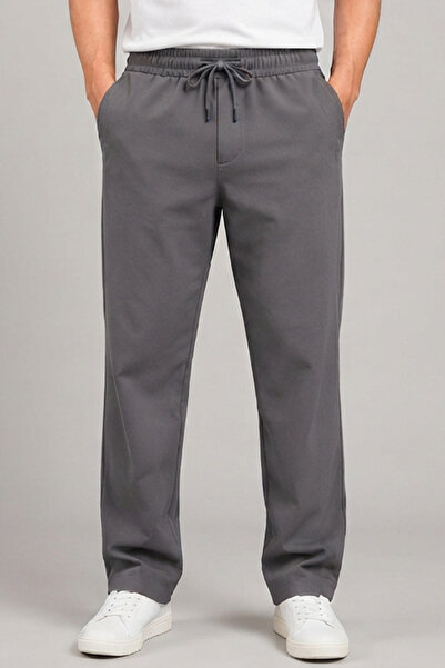 uyguntarz Men's Gray Premium Comfortable Fit Elastic Waist Lace-Up Fabric Tro...