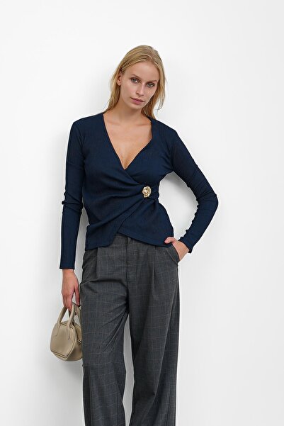 İmajButik Navy Blue Buckle Detailed Double-Breasted Collar Corded Fabric Blouse