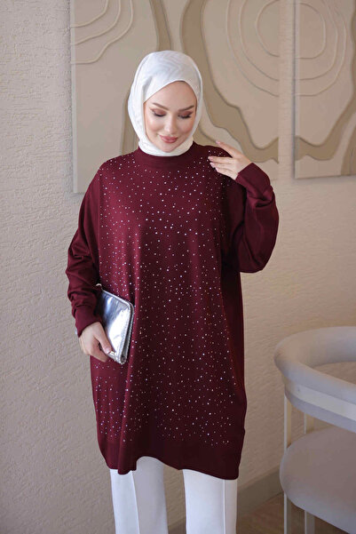 İmajButik Bordo Bisiklet Yaka Taş İşlemeli Tunik