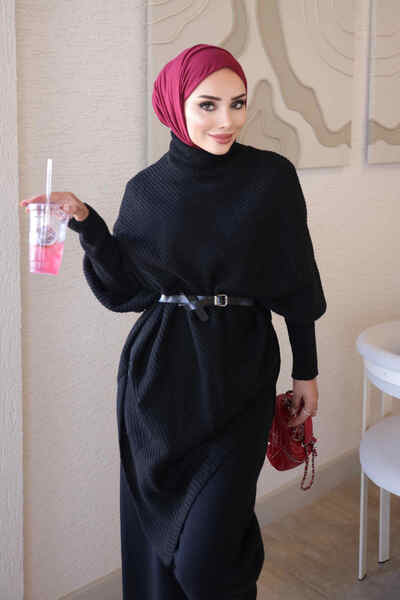 İmajButik Black Asymmetrical Cut Belted Soft Knit Sweater