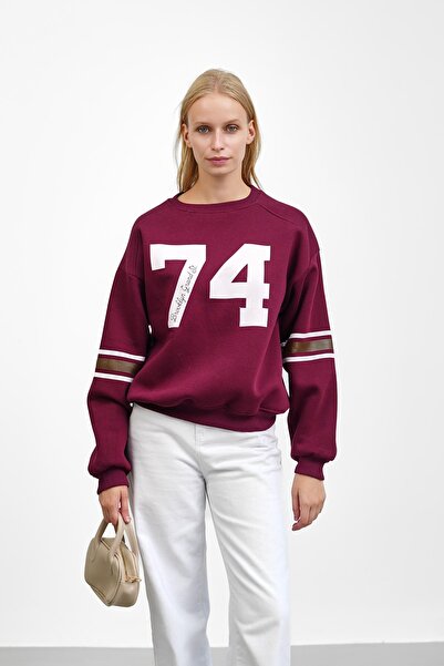 İmajButik Plum Front and Sleeve Printed Three Thread Sweat