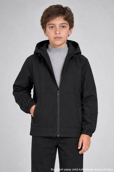 Freemen Boy's Black Lined Water and Windproof Hooded Double Zipper Pocket Raincoat