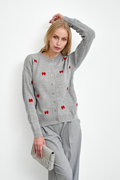 İmajButik Gray Bow Embroidered Knitwear Cardigan